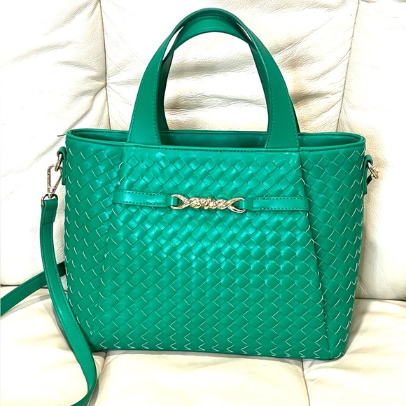 Anthropologie Faux Leather Woven Tote Crossbody Bag Green MSRP $100 - Picture 2 of 14